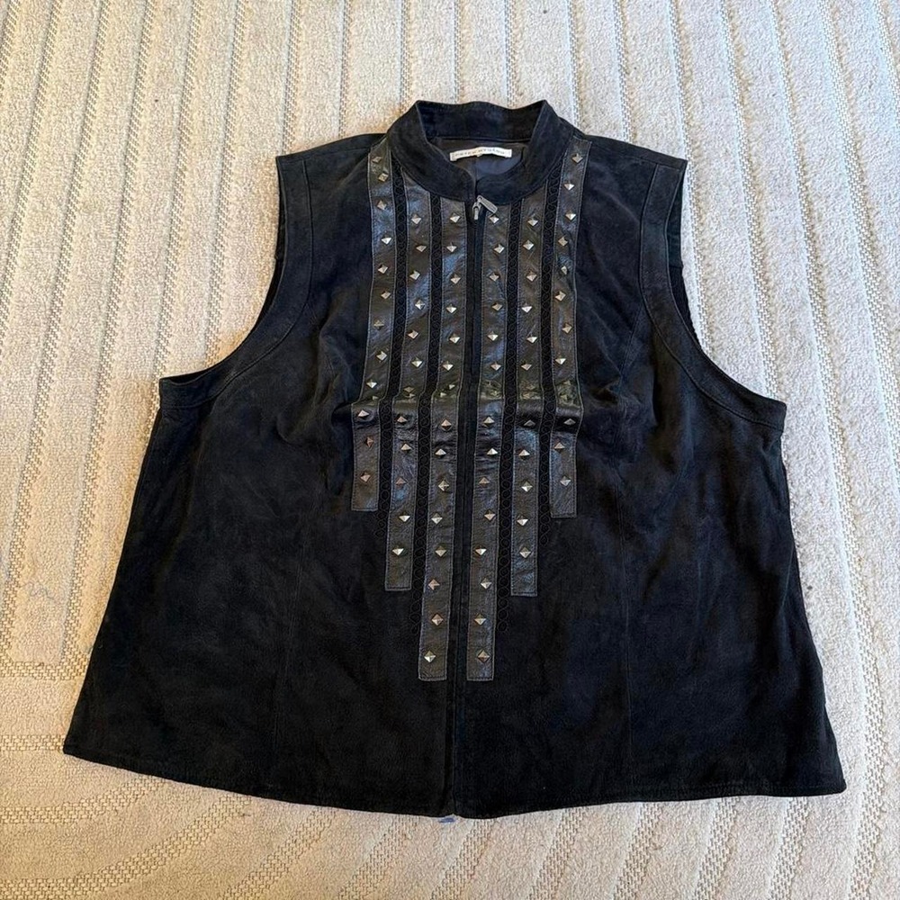 Peter Nygard Suede Vest Sz XL Genuine Leather Black Studded Moto Biker Goth